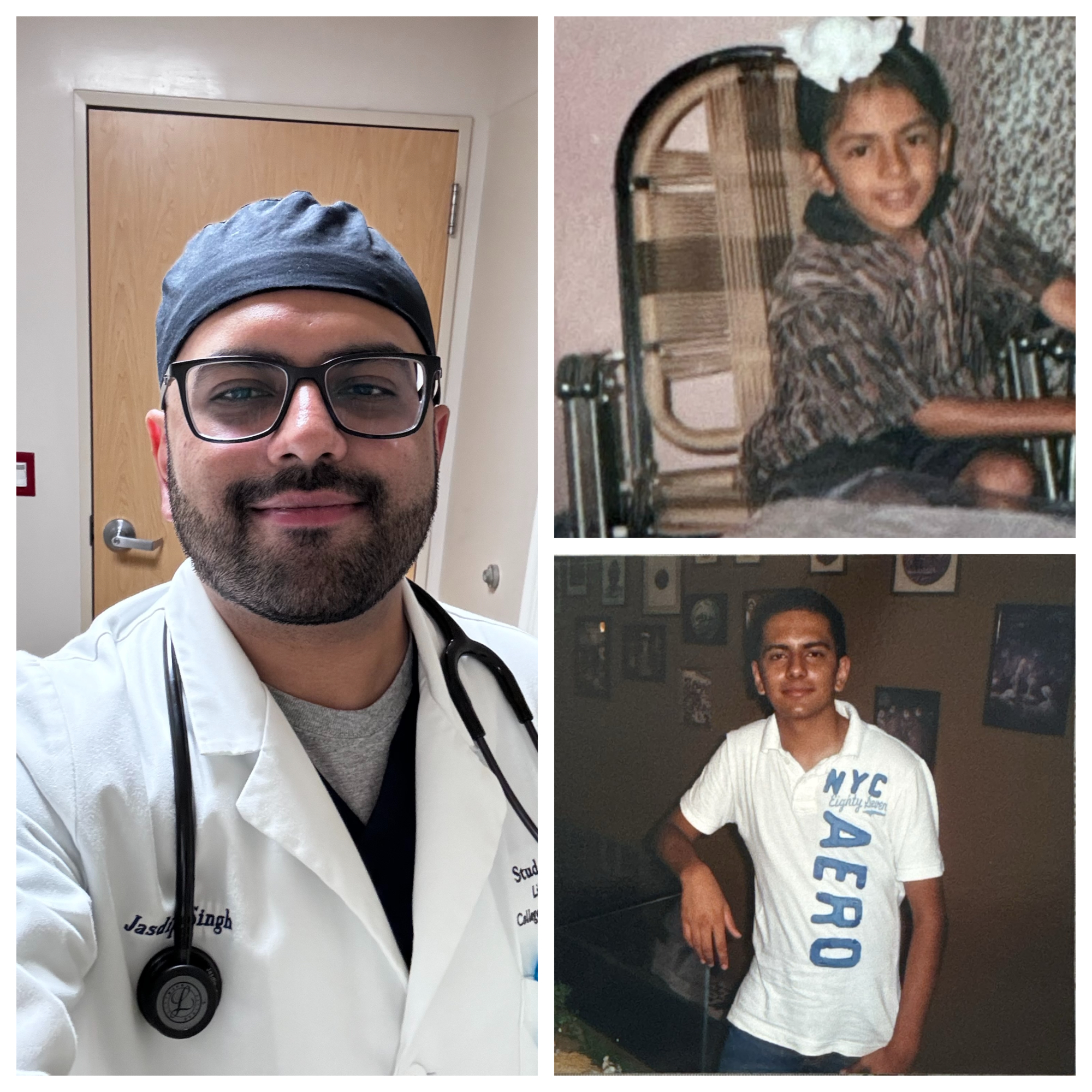 Photo collage of Southeastern Asian man as a boy a teenager and as a doctor in scrubs