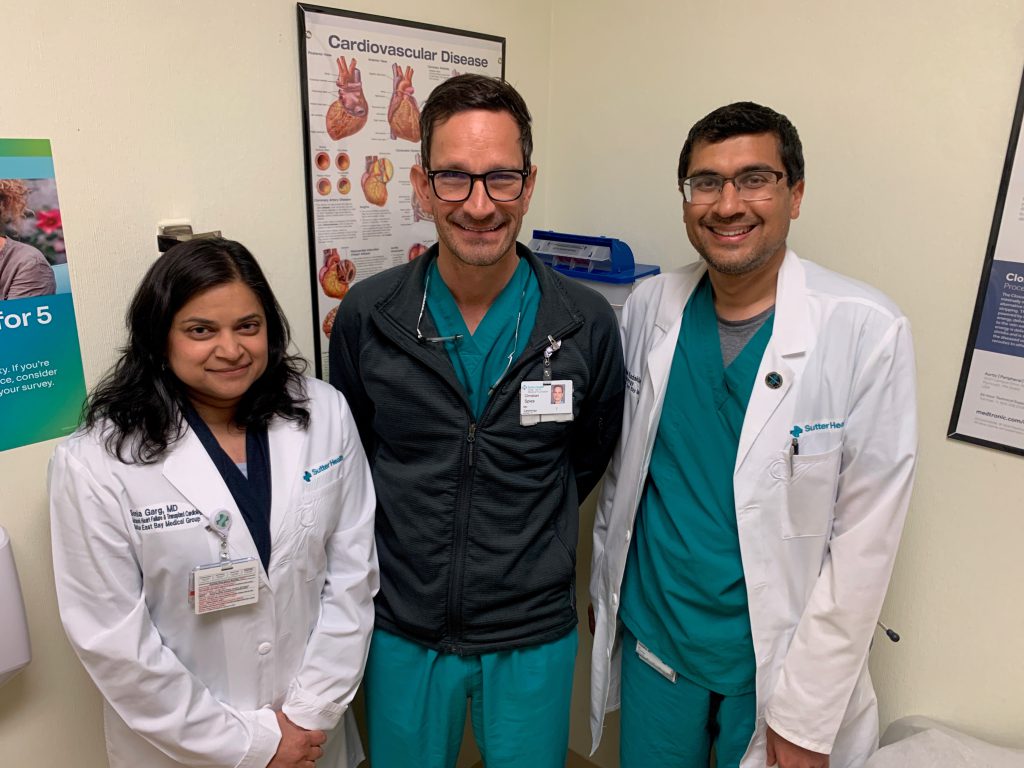Group picture of three cardiology experts who recently became the first in the Bay Area to treat a heart failure patient in his 90s.