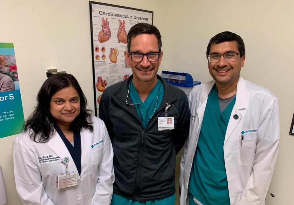 Group picture of three cardiology experts who recently became the first in the Bay Area to treat a heart failure patient in his 90s.