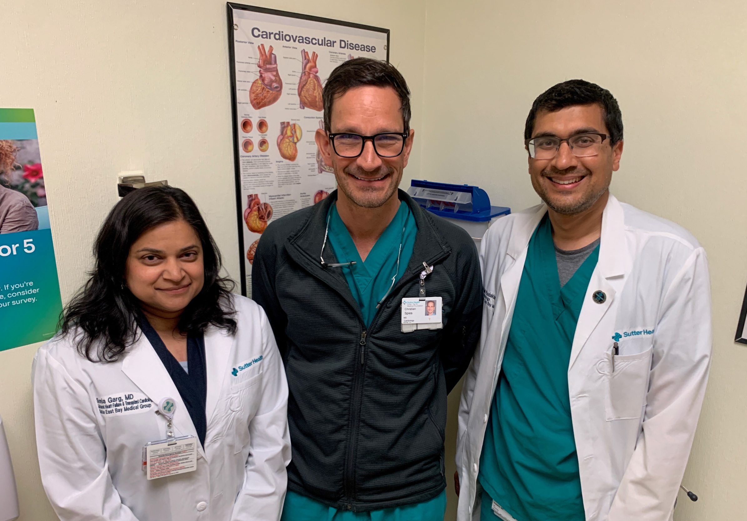 Group picture of three cardiology experts who recently became the first in the Bay Area to treat a heart failure patient in his 90s.