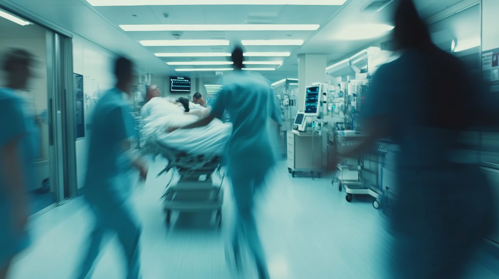 Hospital rush in a trauma unit with medical staff stabilizing patients. Featuring critical care and urgency.