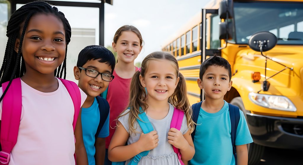 A group of smiling kids headed off to school