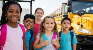 A group of smiling kids headed off to school