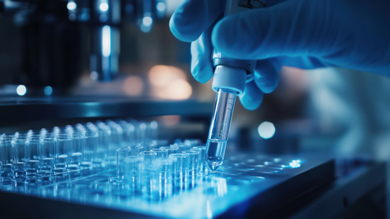 gloved hand filling vials in a research lab