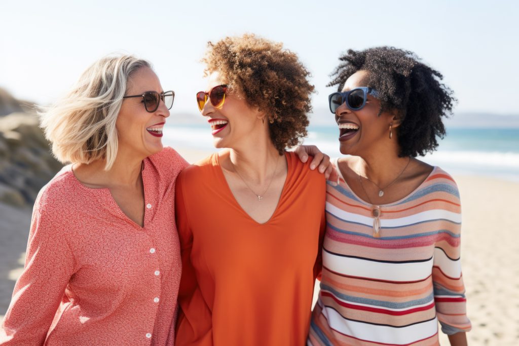 Three middle-aged women walking on beach
