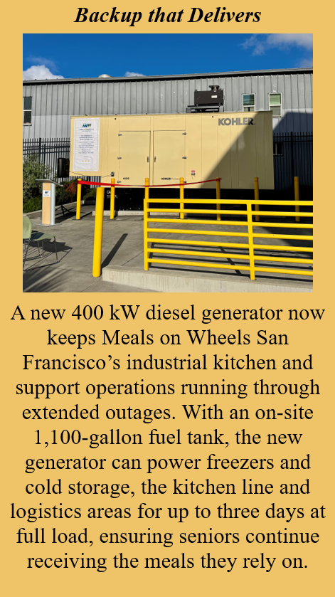 Sidebar image and description that reads: A new 400 kW diesel generator now keeps Meals on Wheels San Francisco’s industrial kitchen and support operations running through extended outages. With an on-site 1,100-gallon fuel tank, the new generator can power freezers and cold storage, the kitchen line and logistics areas for up to three days at full load, ensuring seniors continue receiving the meals they rely on.