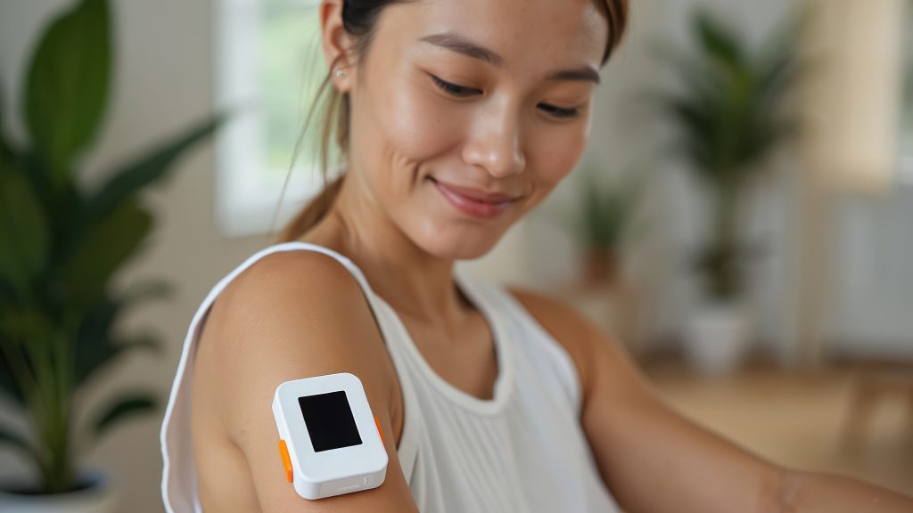 Asian woman in white tank top with continuous glucose monitor on arm
