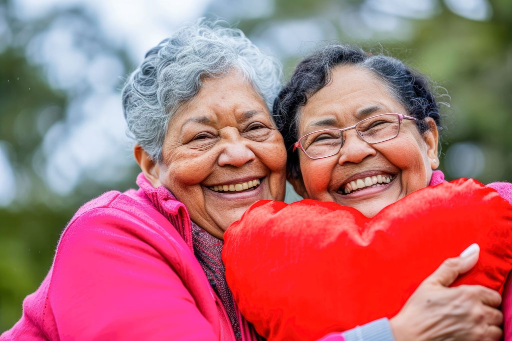 Two senior women with hugging and smiling holding a heart-shaped pillow