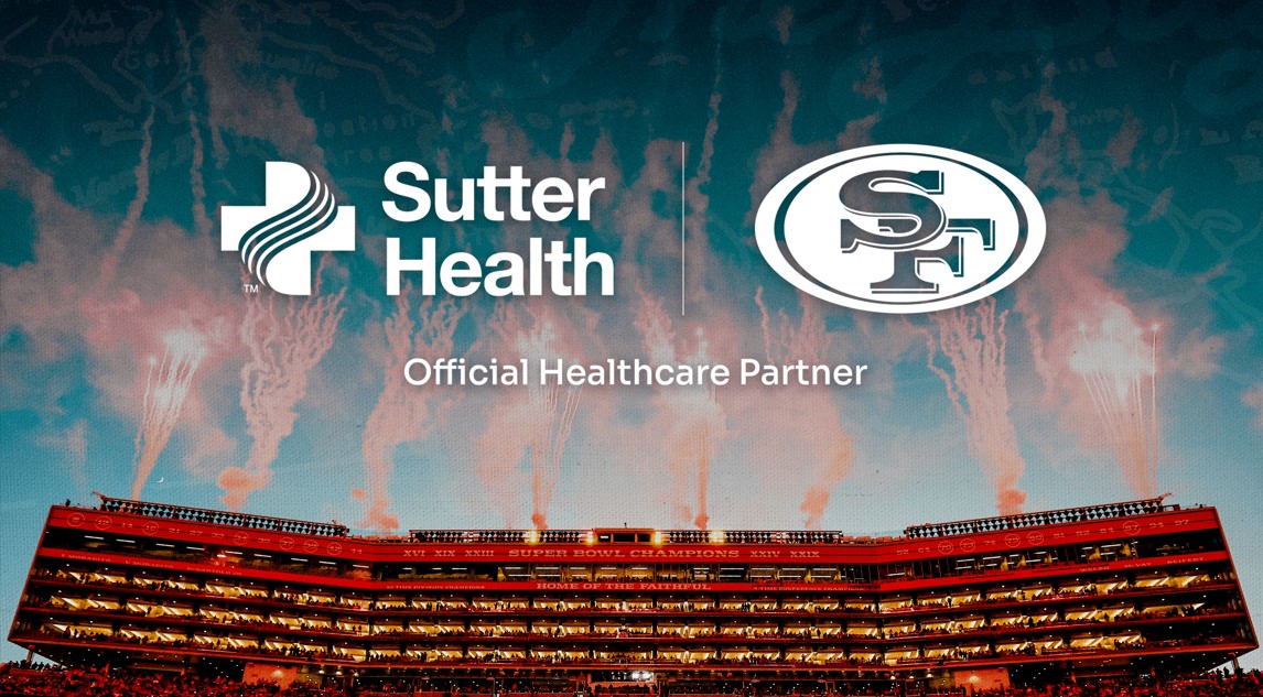Graphic of Sutter Health and 49ers logo and a football stadium