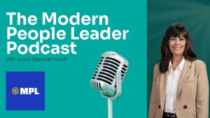 Graphic featuring business professional with long dark hair and tan blazer and image of a microphone advertising podcast