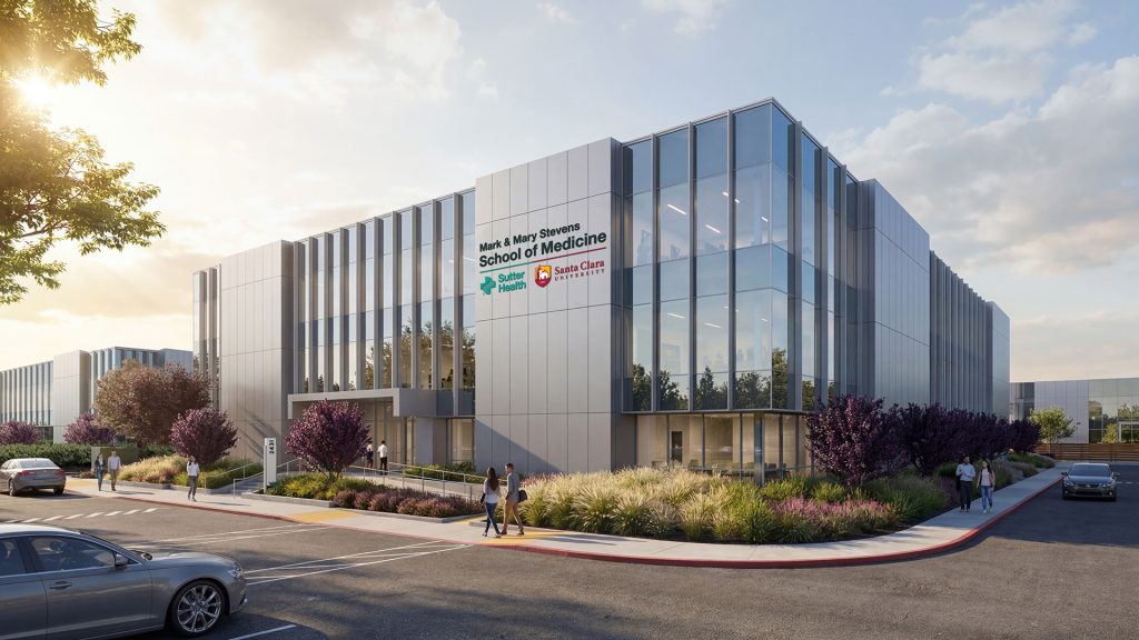 Rendering of the Mark & Mary Stevens School of Medicine, a collaboration between Sutter Health and Santa Clara University
