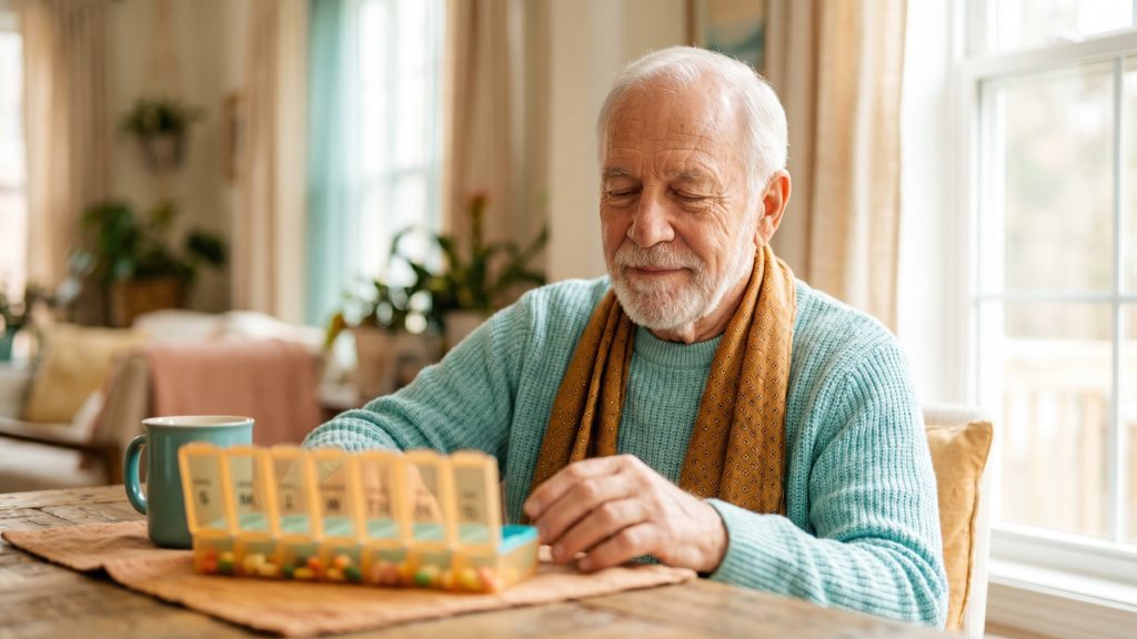Senior man organizing daily medication in weekly pill box. Elderly male taking supplements and prescription drugs at home