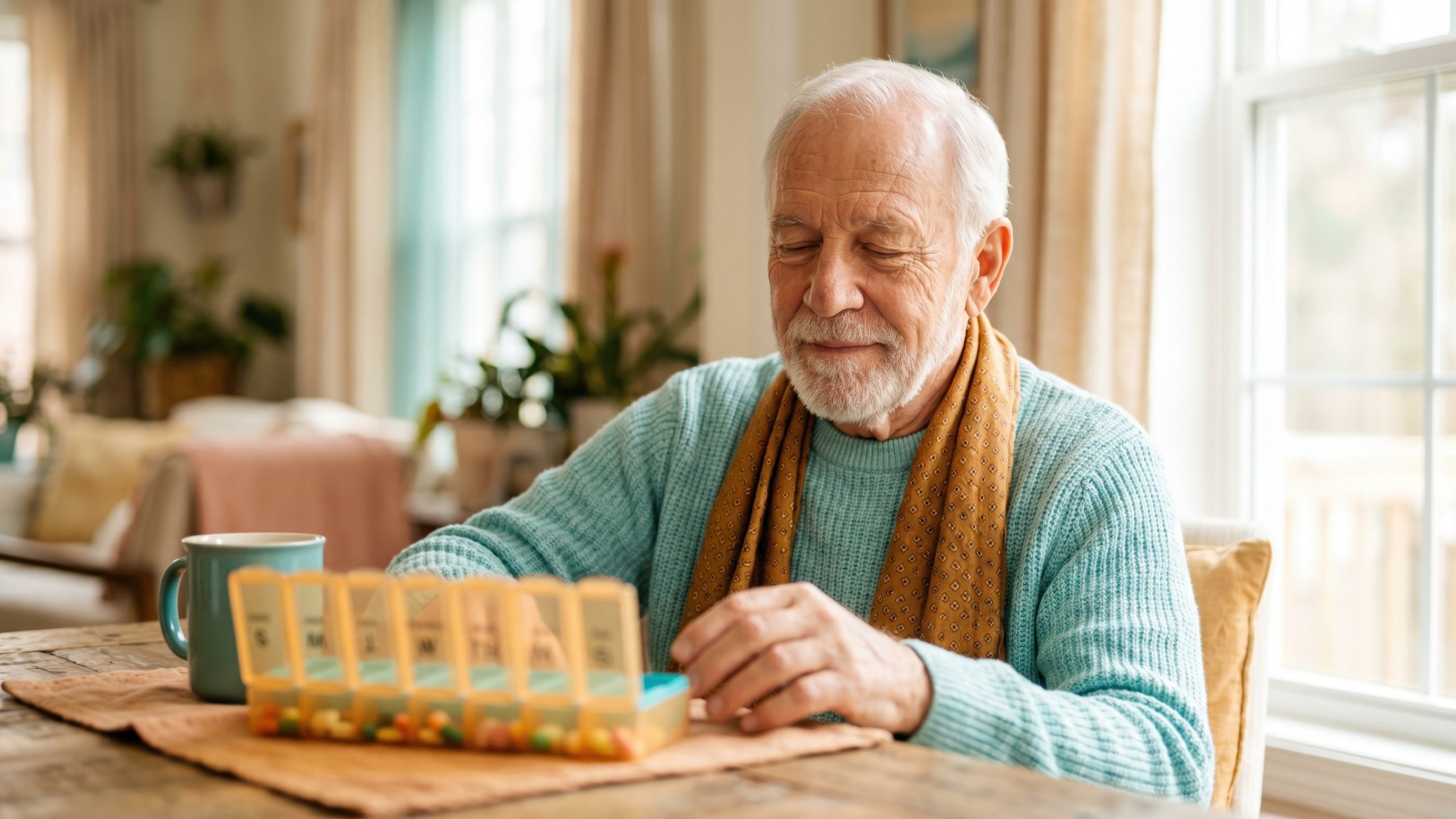 Senior man organizing daily medication in weekly pill box. Elderly male taking supplements and prescription drugs at home