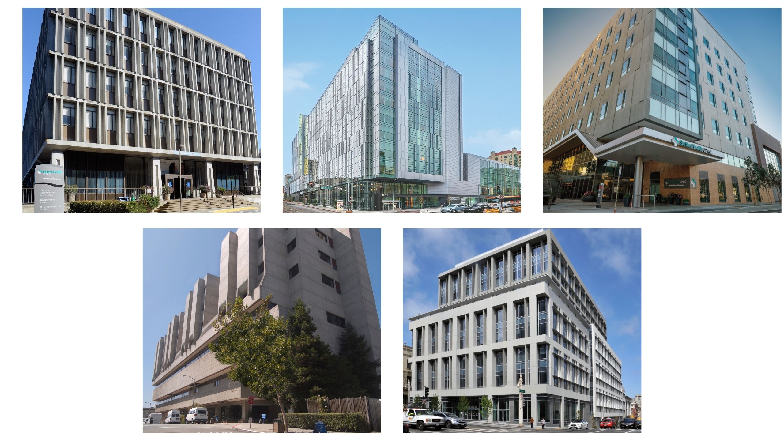 Individual shots of five multi-floor buildings in a city