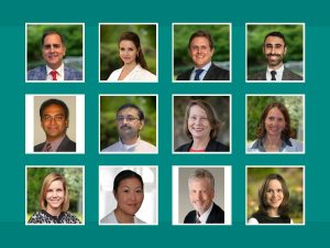 Collage of doctor headshots across a teal border