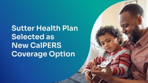 Graphic treatment featuring young son with curly hair playing a guitar with his dad with left graphic overlay advertising Sutter Health Plan