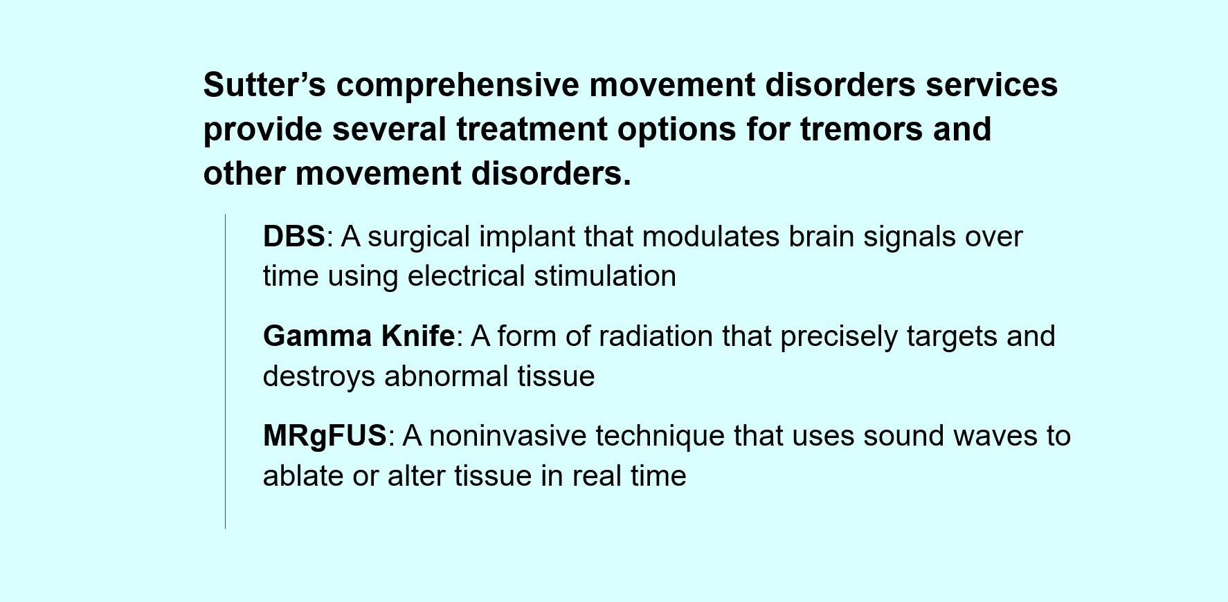 Graphic treatment of a list of comprehensive movement disorder services at Sutter Health