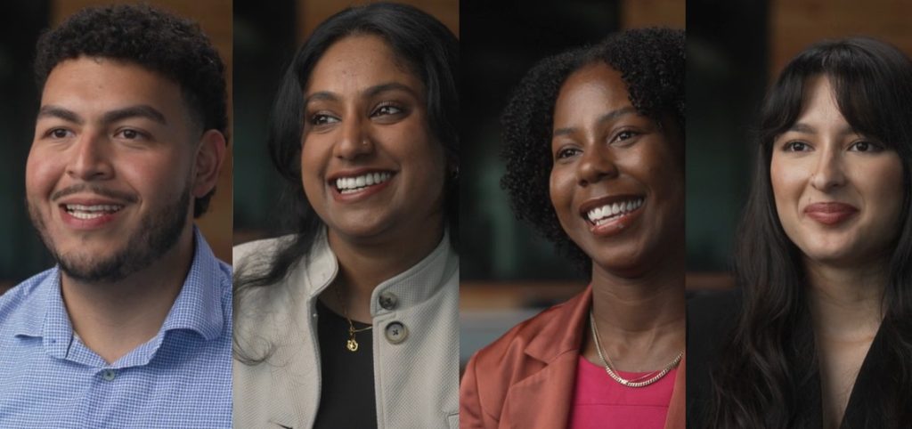 Collage of smiling, happy young adults in dimly lit space