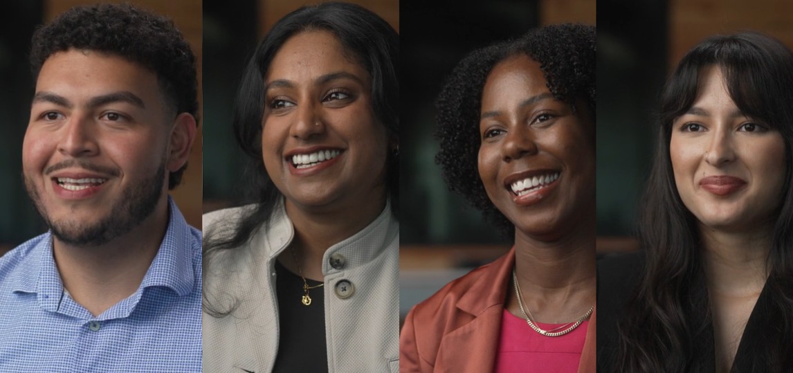 Collage of smiling, happy young adults in dimly lit space
