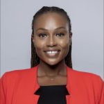 Woman with red jacket and black blouse