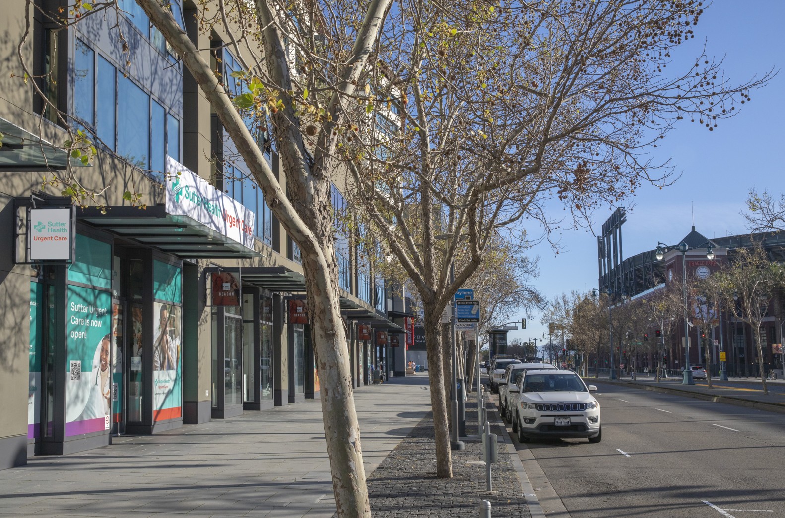 Urgent care on a city street across from a baseball stadium in San Francisco