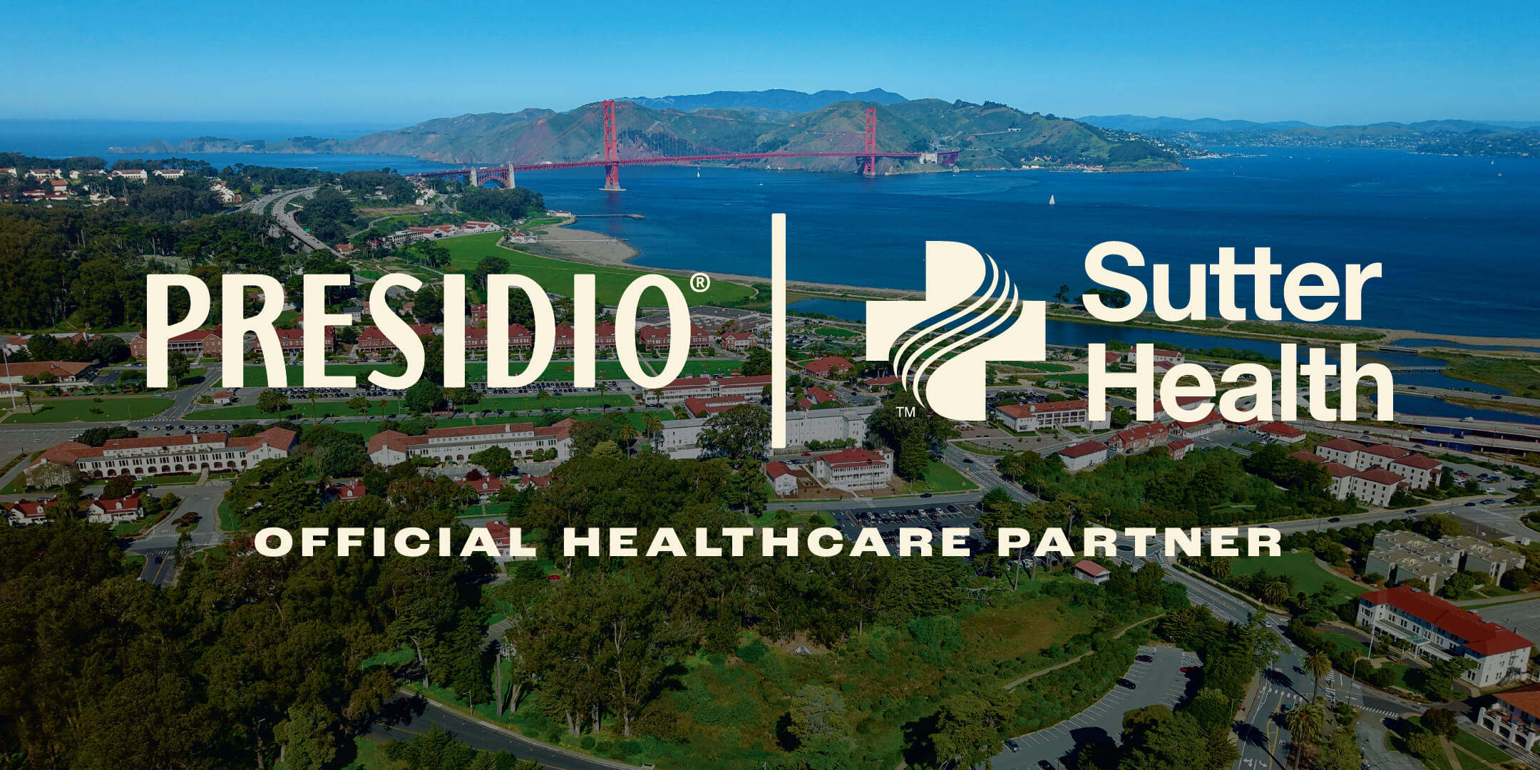 Presidio national park site with Presidio Trust and Sutter Health logos