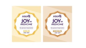 Graphic treatments of award badges in gold and bronze with dark purple font across a white background