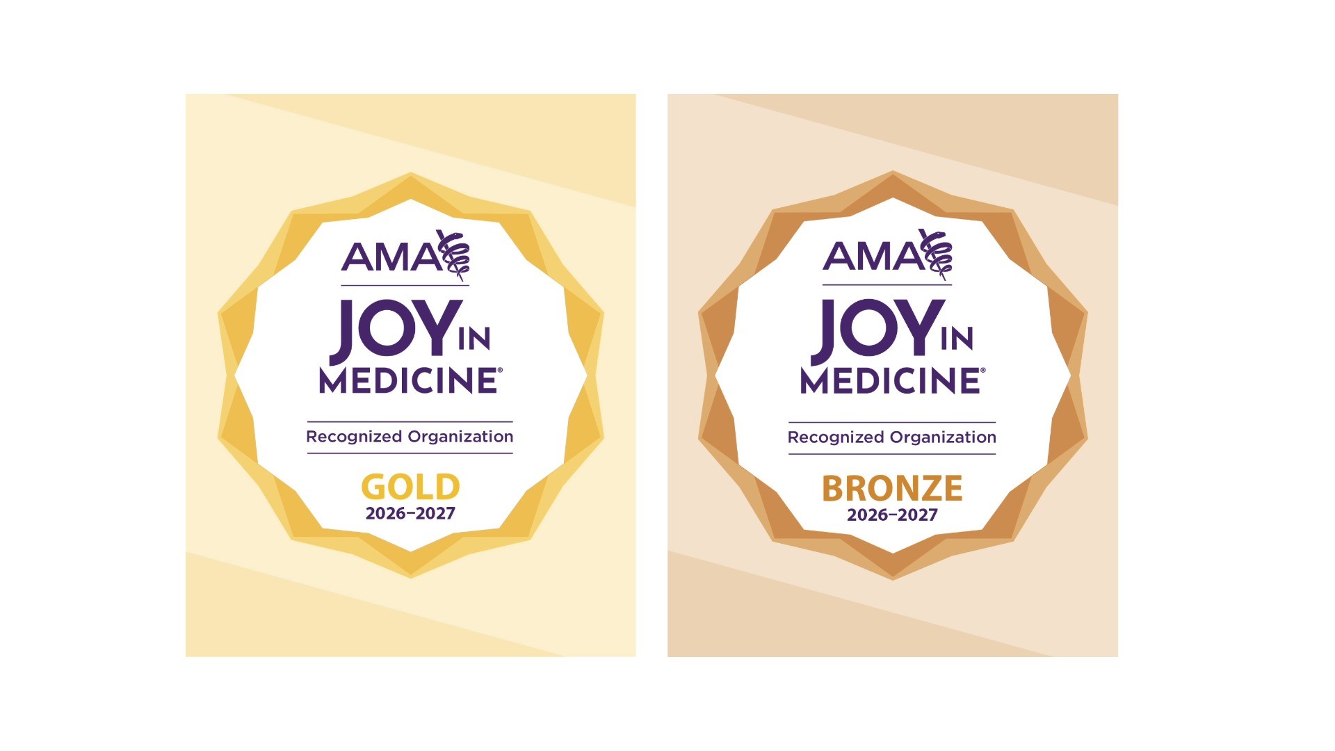 Graphic treatments of award badges in gold and bronze with dark purple font across a white background