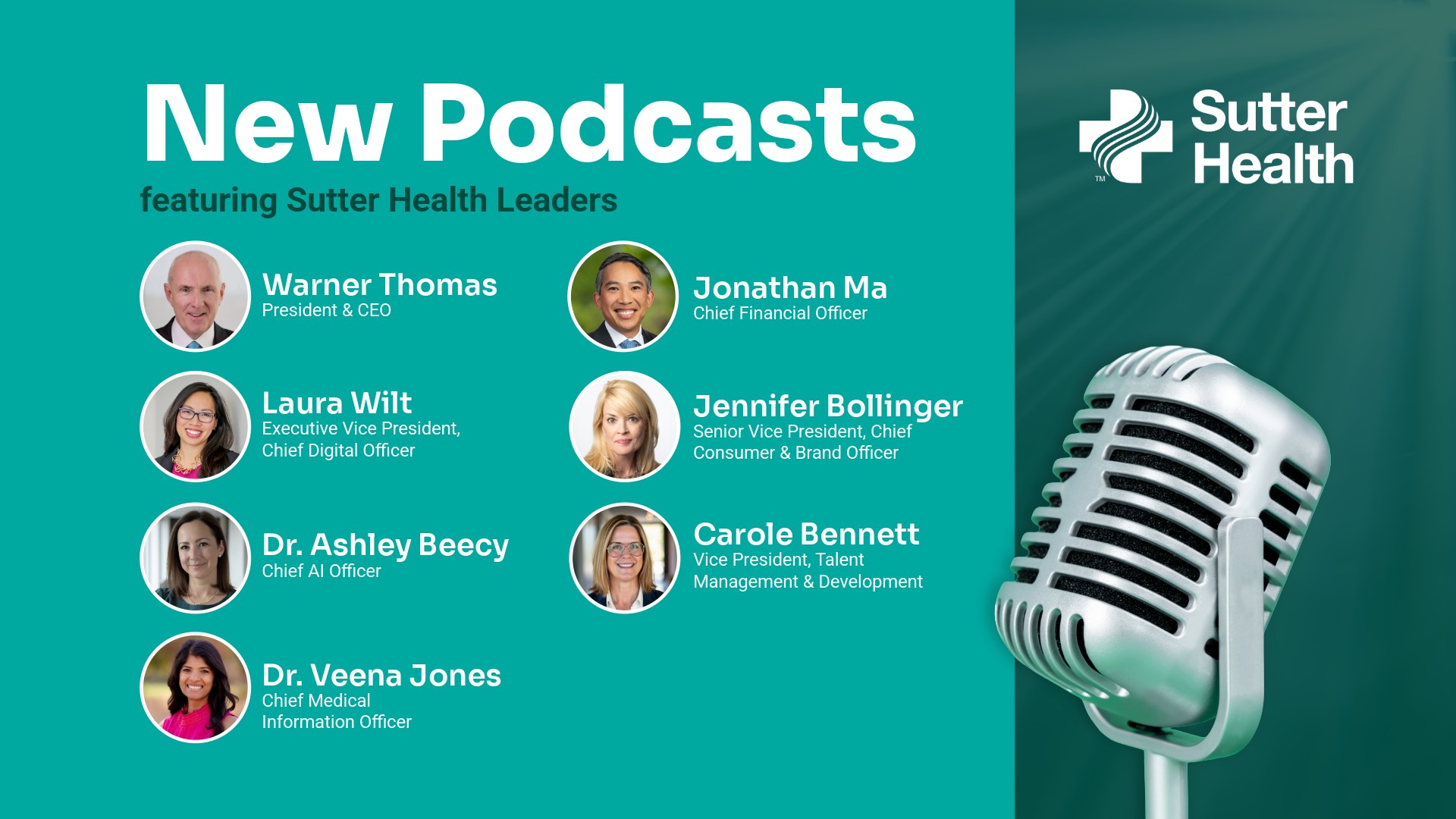 Graphic treatment with headshots laid over a two-tone teal background and a microphone on the right foreground