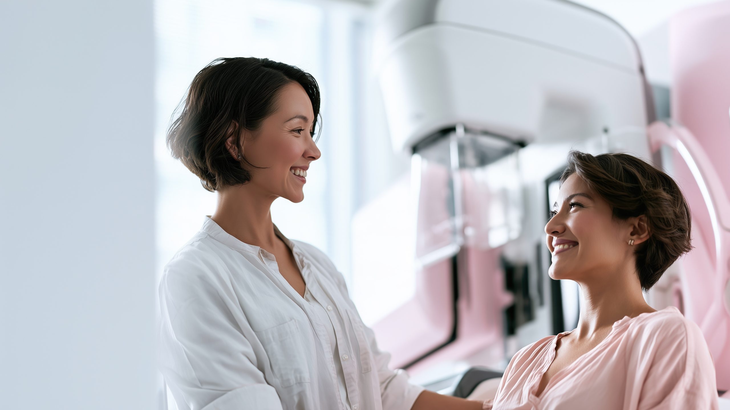 Radiology technician preparing a patient for mammogram Ultra-realistic wide banner photograph of a female radiologic technologist calmly preparing a smiling woman patient beside a modern digital mammography unit, positioned on the far right third of the frame, bright clean imaging suite, soft pink accents, soft diffused window light, large clean empty negative space on the left side for text overlay, shallow depth of field, authentic clinical atmosphere